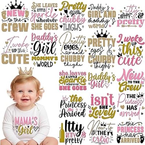 Dazoratix Baby Girl Iron on Transfers - 20 Sheets Cute Onesie Newborn Princess DTF Ready to Press Heat Patches Vinyl Stickers Decals for T Shirts Clothing Clothes Pillow Appliques DIY Craft Decoration