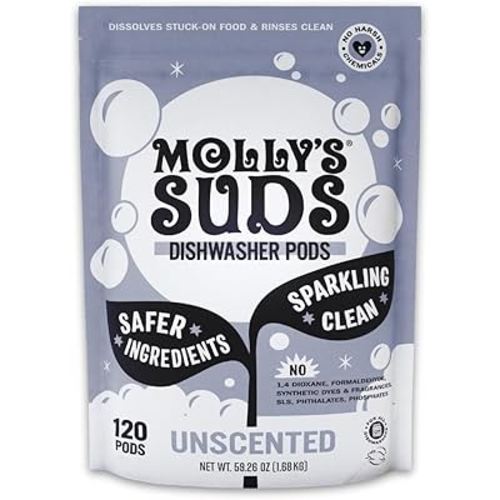 Molly's Suds Dishwasher Pods | Clean Dishwasher Detergent, Cuts Grease & Rinses Clean (Residue-Free) for Sparkling Dishes | 120 Auto-Release Tabs (Unscented)