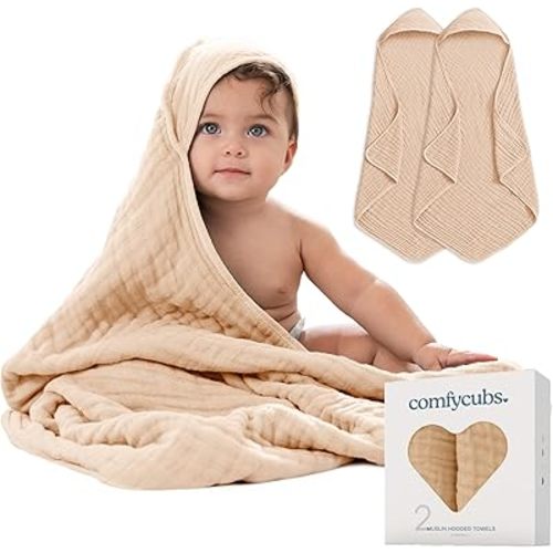 Comfy Cubs Hooded Baby Towel 2-Pack, Large 32 x 32 Inch - 6 Layer 100% Muslin Cotton for Babies, Toddlers and Kids - Soft & Absorbent Baby Bath Towels - Unisex Design for Bath Time - Cream