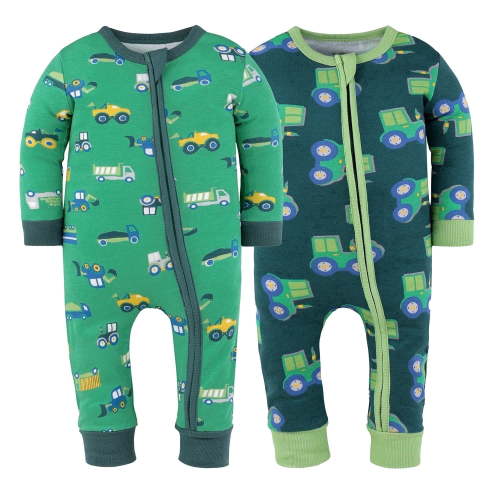 The Peanutshell Trucks and Tractors Baby Pajamas, Footless Baby Sleepers, Green-Teal, 6-9 Months, 2-Pack