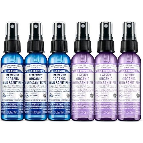 Dr. Bronner's Organic Hand Sanitizer Spray Variety Pack Travel Size Bulk, Simple & Effective Formula, Scented, No Harsh Chemicals - Lavender & Peppermint, 2oz (6-Pack)