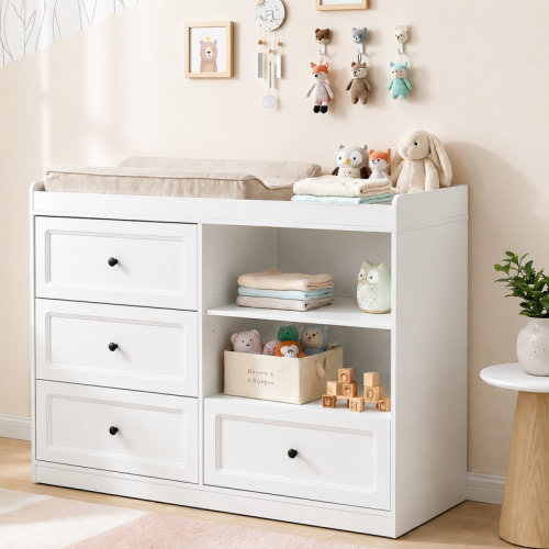 East Urban Home Changing Table Dresser, Baby Nursery Dresser With 4 Drawers And 2 Adjustable Shelves, Wooden Baby Diaper Changing Station, Natural Wood | Wayfair