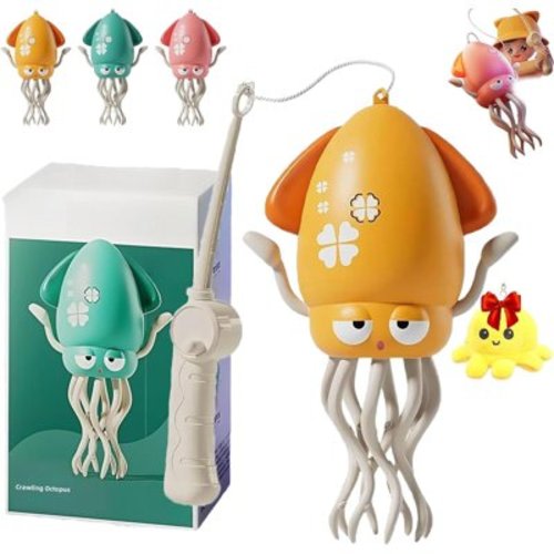 Electric Magic Dancing Octopus Toy, 2025 New Electric Auto-Avoid Crawling Octopus with LED & Music, Smart Interactive Auto-Wiggling Robotics for Indoor Play & Sensory Development (Yellow+fishing Rod)