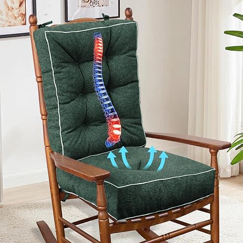 YZ HOME Rocking Chair Cushion, Set of Thicken Seat & Back Chair Cushions with Memory Foam, Non-Slip Chair Pad with Ties for for Indoor&Outdoor Rocker, Dark Green, 28 * 18 * 5/18x18x5