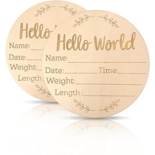 2 Pack Baby Announcement Sign, 5.9 Inch Wooden Hello World Newborn Signs, Name tags for twin babies, Baby Shower Hospital Nursery for Newborn Boys and Girls