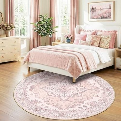 RELEANY Area Rugs Round 7ft Washable Non-Slip, Floral Vintage Distress Print Pattern Medallion Carpet for Living Room Bedroom Dining Room, Pink Greypink Cute