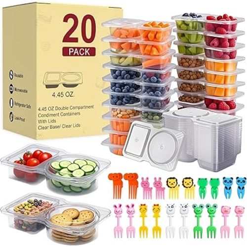 20 Pack Reusable Snack Containers with Lids, Double Compartment Snack Containers for kids & Adults -2 Compartment Condiment Containers, Dishwasher & Microwave Safe, for Portion Control, Meal Prep