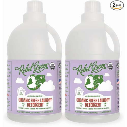 Rebel Green Organic Laundry Detergent - Natural Laundry Soap - Liquid Laundry Detergent with Dispenser Cup - Gentle Laundry Detergent - Fresh Lavender & Grapefruit Scent - 68 Load Bottles, 2 Pack