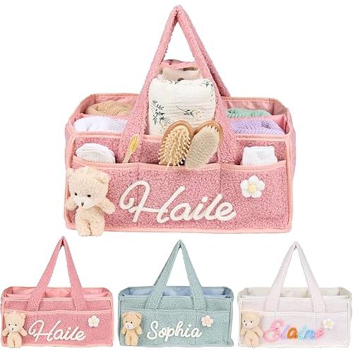 Personalized Baby Diaper Caddy Organizer with Name, Custom Foldable Changing Table Basket for Boy Girl, Car Travel Baby Portable Storage Handle Bag, Newborn Essentials Gift for Baby Shower, Birthday