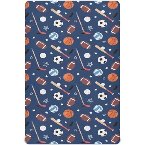 Sport Theme Crib Sheets for Boys Girl Cartoon Basketball Soccer Baseball Hockey Golf Ball Rugby Mattress Cover Unisex Toddler Baby Bed Sheets Fitted Standard Crib Sheets 28x52 Inch