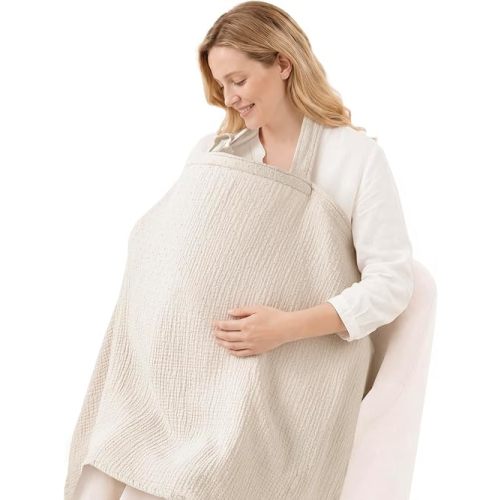 Blissful Diary Muslin Nursing Cover for Breastfeeding, Breathable Breastfeeding Cover up with Arch Neckline for Women, Nursing Apron (Dotted Cream)