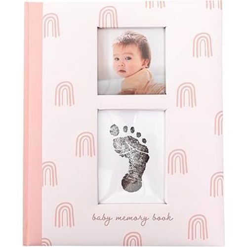 Little Blossoms by Pearhead Rainbow First 5 Years Baby Memory Book for Tracking Milestones, Girl Keepsake, Pregnancy Journal, with Ink Pad For Newborn Handprint or Footprint, Pink Rainbow