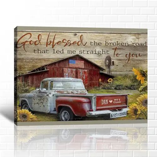 Farmhouse Truck Wall Art, Old Truck Wall Art, Rustic Farmhouse Canvas Wall Art, Vintage Truck Canvas Wall Art, Personalized Valentines Day Gifts, Customized Anniversary Couples Gifts 12x18 Inches