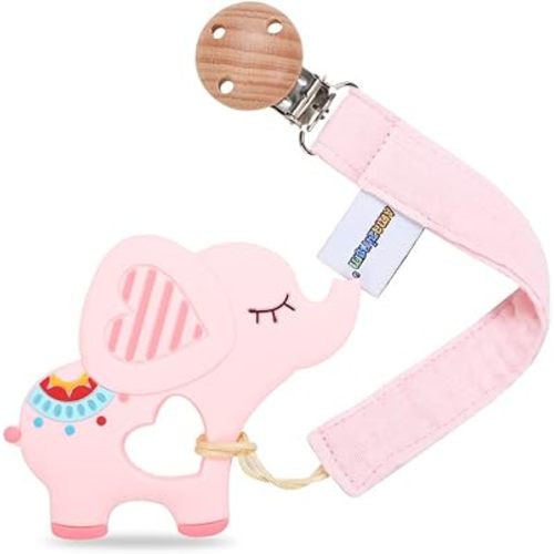 Baby Food Grade Silicone Teether Toy with Pacifier Clip Holder,Teething Pain Relief Toys Gift Set for 3 Months+ Boys and Girls,Freezer Safe,BPA Free. (Pink Elephant)