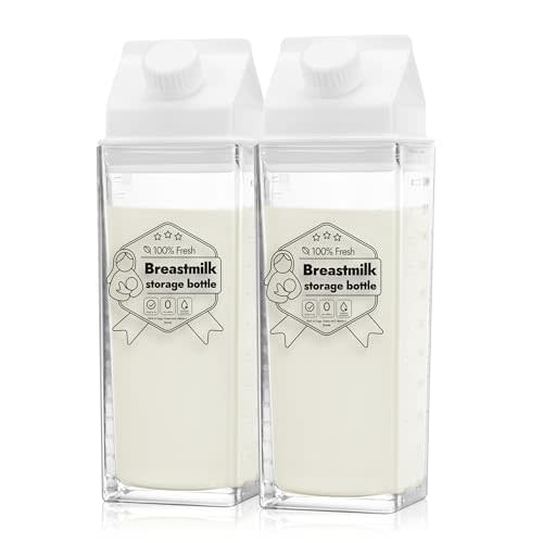 Papablic Glass Breastmilk Storage Bottles, Baby Breast Formula Milk Container for Breastfeeding Essential, Reusable Milk Pitcher Shaped Collection for Fridge & Milk Cooler, BPA Free, 17 oz (2 Packs)