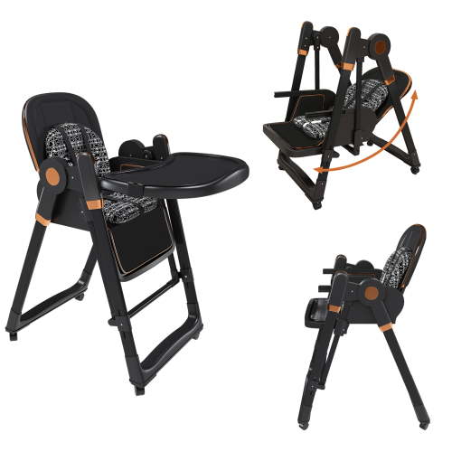 Convertible Baby High Chair, Foldable Infant Feeding Seat Converts to Rocker with 5 Point Harness, Silent Lock Wheels & Removable 2 Tier Easy Clean Tray for 6 Months to 3 Years