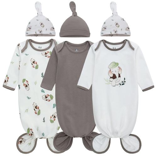 Miracle Baby Newborn Knotted Gown with Hat Set, 3 Pack Newborn Nightgowns, Baby Sleeper Gowns with Mitten Cuffs for Boys Girls 0-6 Months
