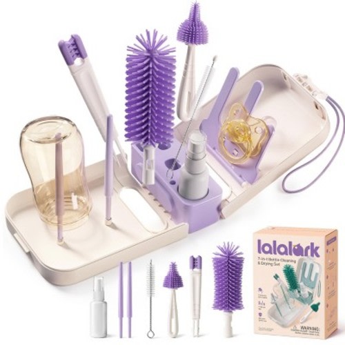 lalalark Baby Bottle Brush Set, 7-in-1 Baby Bottle Cleaner Kit with Silicone Brush, Nipple Brush,Soap Dispenser & Drying Rack, Baby Travel Essential