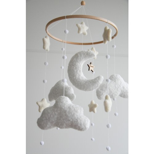 Personalized boucle clouds and moon baby nursery mobile, Neutral baby mobile, Neutral nursery mobile, Clouds mobile, Felted stars mobile