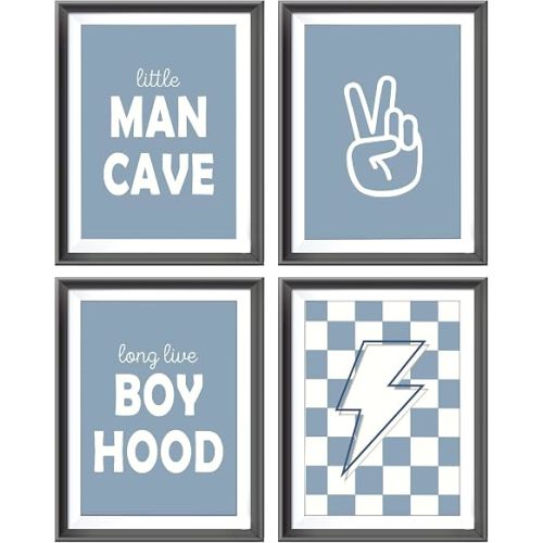 Little Man Cave Retro Preppy Checkered Lightning Peace Sign Long Live Boyhood Poster Prints for Boy Teen Room Dorm Decor,Preppy Decorations Prints Wall Art Unframed 4pcs 12x16inches,Teen Boys Gifts