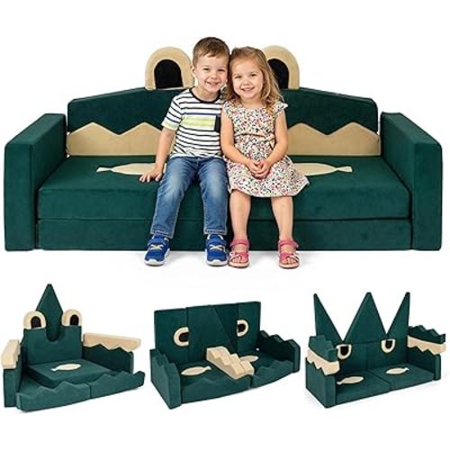 Costzon Modular Kids Play Couch, Snow Mountain Theme Toddler Foam Building Fort for Inspiring Creativity, Convertible Foam and Floor Cushion for Boys Girls for Playroom, Bedroom Gifts (Crocodile)