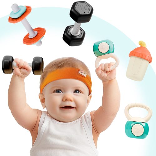 iPlay, iLearn Baby Gym Rattle Set - 4PCS Infant Dumbbells, Teething Toys, Multicolor, for 3-12 Months, Ideal Birthday Gift