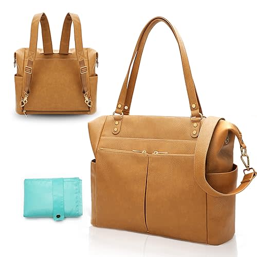 MOMINSIDE Diaper Bag Tote, Leather Diaper Bag Backpack with 14 Pockets for Mom Dad, Convertible Baby Bag for Boys Girls, Baby Registry, Changing Pad, Large 4 Insulated Pockets (Biscuit)