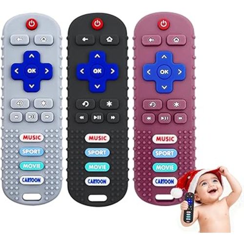 3 Pack Baby Teether Toys - TV Remote Control Shape Silicone Toddler Teething Toys for Babies 6-12 Months (Black&Deep Red&Beige)