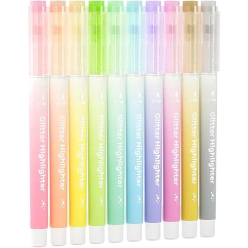 Glitter Highlighters, Shuttle Art 10 Sparkle Colors Chisel Tip Fluorescent Markers, Quick-Dry Non-Toxic Aesthetic Shimmer Highlighter Pens for Kids Teens Adults, Perfect for School Office Art Supplies