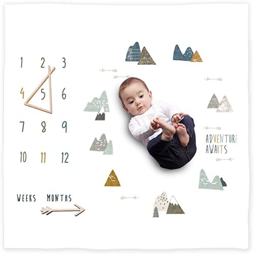 Miaoberry 100% Organic Cotton Muslin Monthly Baby Milestone Blanket with Wooden Hello World Newborn Sign, Newborn Photography Props, Birth Announcement Sign, Eucalyptus