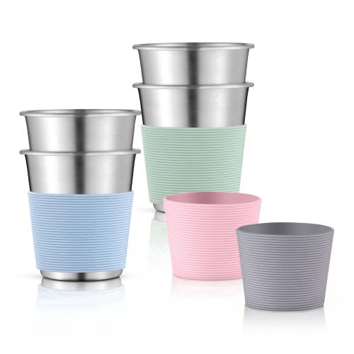 Vesteel 4 Pack Stainless Steel Cups, 8oz Stackable Metal Drinking Glasses with Silicone Sleeves, Unbreakable Pint Cup Tumblers for Home, Camping & Parties, Blue/Pink/Green/Grey