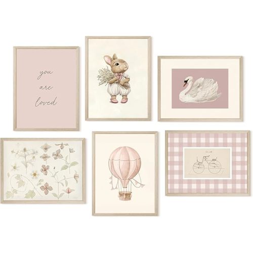 Pink Nursery Wall Art Baby Girl Canvas Wall Decor Vintage Poster Bunny Flower Wall Art Antique Preppy Pictures Animal Floral Prints Kids Swans Painting for Girls Room Bedroom 8x10x6 Inch Wood Framed