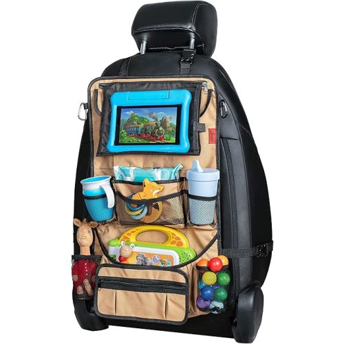 Lusso Gear Heavy Duty Back Seat Car Organizer Extra Large for Powerful Protection, Sag Proof & Reinforced Corners, Protects iPad & Backseat, 12 Versatile Car Seat Organizer Storage Compartments, (Tan)