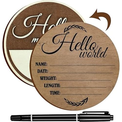 Namalu Hello World Baby Announcement Sign Birth Announcement Sign for Hospital Wooden Newborn Name Plaque with Marker Pen or Baby Name and Birth Detail, 5.9 Inch(Brown)