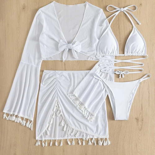 YUTK Womens One Piece Swimsuits - Four-Piece Suit Women Bandage Solid Sexy Bikini Push-Up Padded Swimwear Swimsuit Beachwear Set - White M