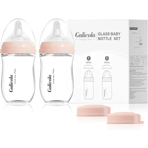 Natural Glass Baby Bottle for Breastfeeding Babies, Newborn Anti-Colic Bottle Set with Slow Flow Nipple, 0-3 Months, 5 oz, 2 Pack - Pink