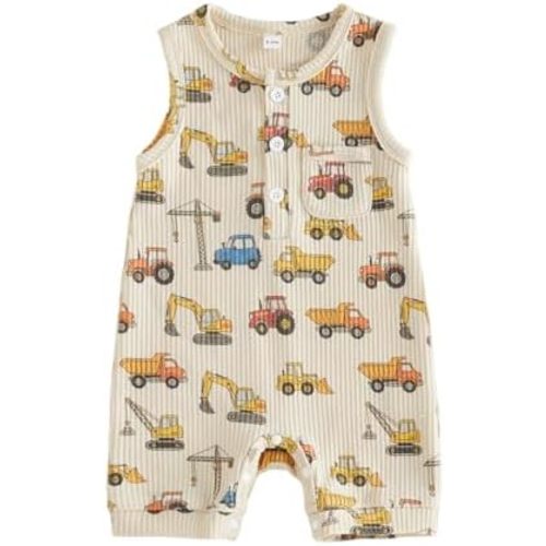 Toddler Baby Boy Sleeveless Romper Waffle Knit Truck Print One-Piece Jumpsuit with Buttons Infant Boys Summer Outfit