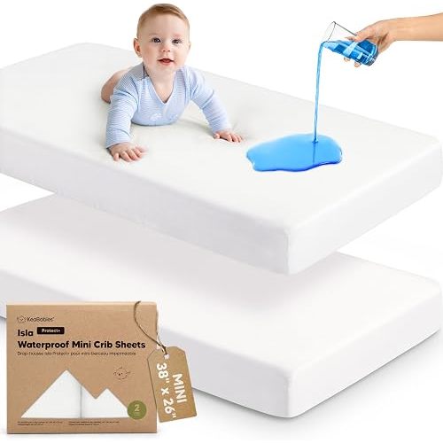 2pk Waterproof Pack and Play Sheets, Mini Crib Sheets Fitted (Soft White)
