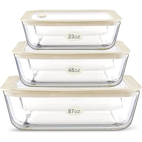 Glass Food Container Set with Silicone Glass Lid, 3 Pack, Airtight, LeakProof, 100% Plastic Free, Meal Prep Containers (White Color)