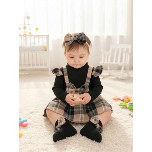 3pcs Set, Casual Elegant Sweet Cute Baby Girl Outfit, Soft & Comfortable, Plaid Bow Decor Ruffle Collar Long Sleeve Bodysuit Dress & Bow Socks & Headband Set, Baby Girl Dress, Suitable For Daily, Vacation, Party, Photography | SHEIN