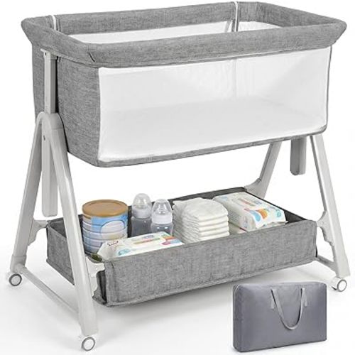 Cowiewie Baby Bassinet Bedside Crib,3-in-1 Baby Bassinet with Comfy Mattress & Wheel,Easy Folding Portable Bedside Bassinet for Baby with Storage,Travel Bag,Breathable Mesh,Stable & Secure,Light Grey