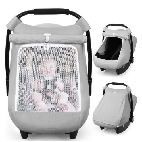 Rquite Car Seat Cover Baby, Carseat Covers Girl Boy, Breathable Muslin Cotton, Large Mesh Window, Infant Car Seat Canopy Baby Carrier Cover Stroller Sun Shade for Summer & Hot Day, Grey