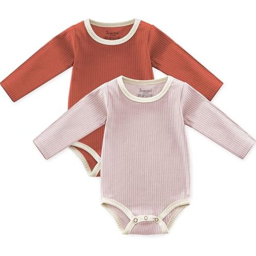 Jimonda Baby Bodysuit, 100% Organic Cotton Infant Long Sleeve Romper Gender Neutral Baby Clothes - Orange&pink - 3-6 Months