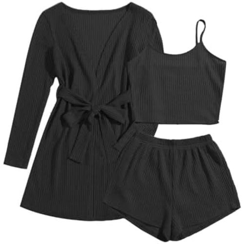 Ekouaer Womens 3 Piece Waffle Knit Lounge Set Soft Pajama Sets Tank Top and Shorts Cardigan with Pockets S-XXL