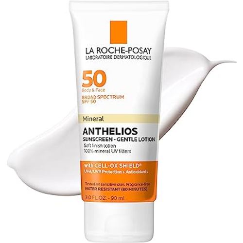 La Roche-Posay Anthelios Mineral Sunscreen SPF 50 Gentle Lotion, Broad Spectrum SPF + Antioxidants, Face & Body Sunscreen, Titanium Dioxide & Zinc Oxide, Oxybenzone Free, Oil Free