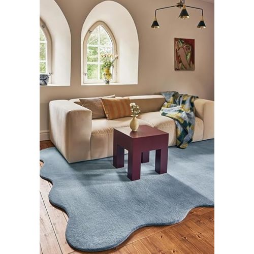 Hand-Tufted Wool Area Rug - 4x6 Ft, Solid Soft Blue Rug with Luxurious Scalloped Edges, Soft Plush Handmade Wool Carpet for Hallway, Living Room, Bedroom, Nursery & Modern Home Decor