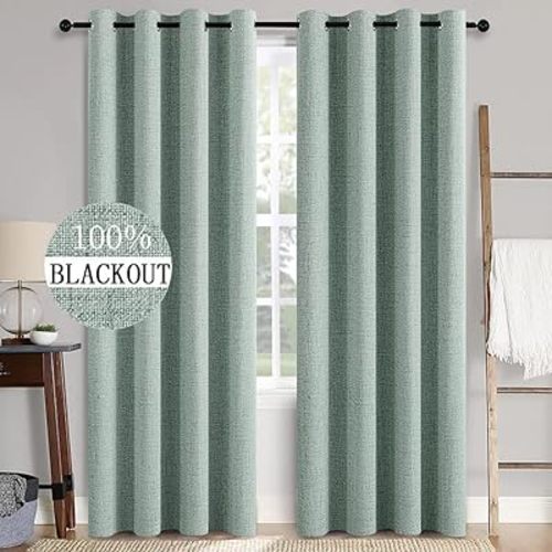 MIULEE Linen Texture Curtains for Bedroom Solid 100% Blackout Thermal Insulated Seafoam Green Curtains Grommet Room Darkening Drapes for Living Room Nursery 52x84 Inch (2 Panels)