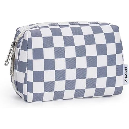 Narwey Small Checkered Makeup Bag for Purse Mini Cosmetic Bag Travel Makeup Pouch Zipper Pouch Cute Make up Bags with Compartments for Women Girls (Grayish Blue Checkerboard, Small)
