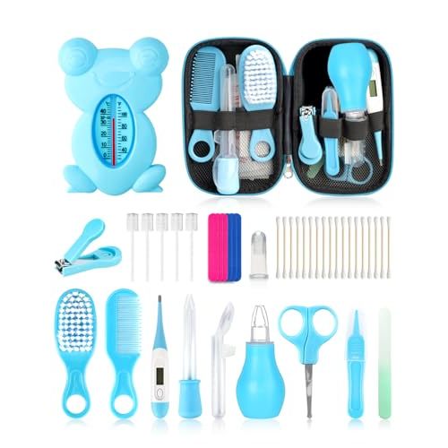 Baby Grooming and Healthcare Kit, Portable Baby Safety Care Set with Hair Brush Comb Nail Clipper Nasal Aspirator for Nursery Newborn Infant Girl Boy (25 in 1, Blue)