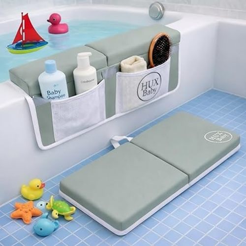 Comfortable Baby Bath Kneeler and Elbow Rest Pad Set, Non-Slip Bathtub Kneeling Pad for Bathing Baby, Bath Tub Cushion Mat, Elbow Pads, Toy Organizer Storage Pockets, Strong Suction Cups (Lua Gray)